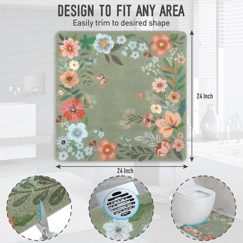 aquoechd Square Shower Mat, 24 x 24 Inch Non Slip Flower Shower Stall Mat, Quick-Dry PVC Loofah Bath Mat for Shower Tub Bathroom - Image 3